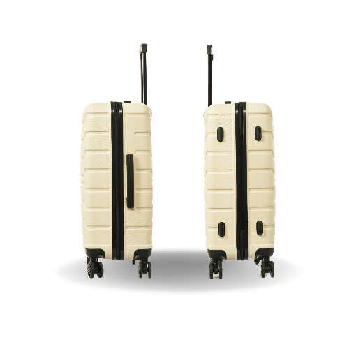 Two beige suitcases with black handles and wheels on a white background