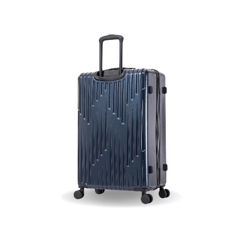 Blue suitcase with a textured surface on a white background