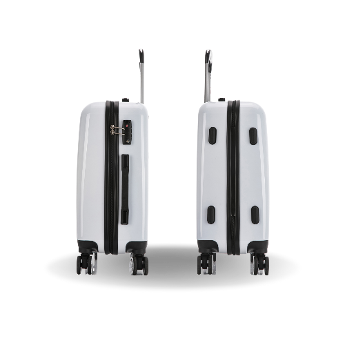 Two white suitcases with black handles and wheels on a transparent background