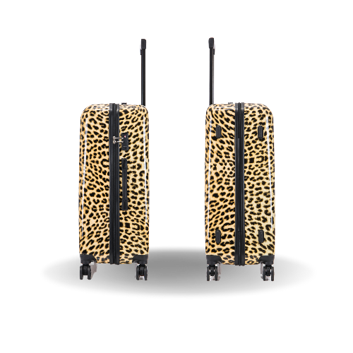Two leopard print suitcases on a white background