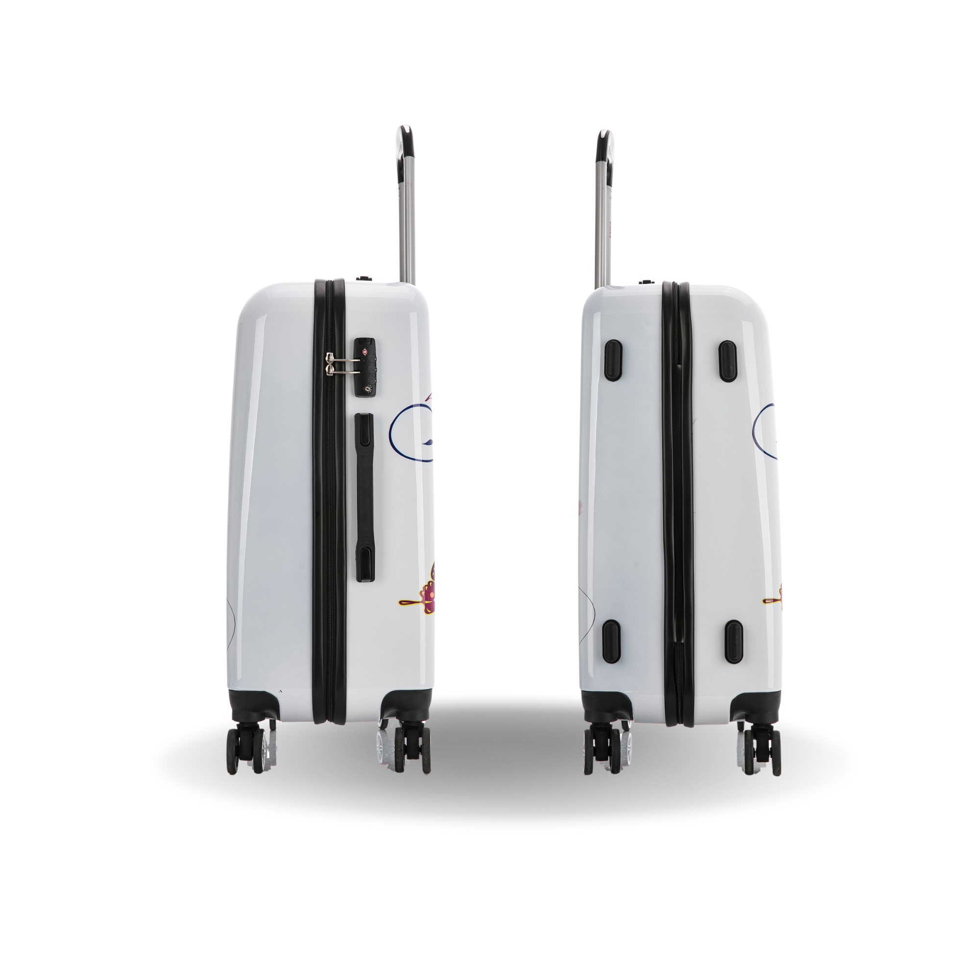 Two white suitcases with black accents on a white background