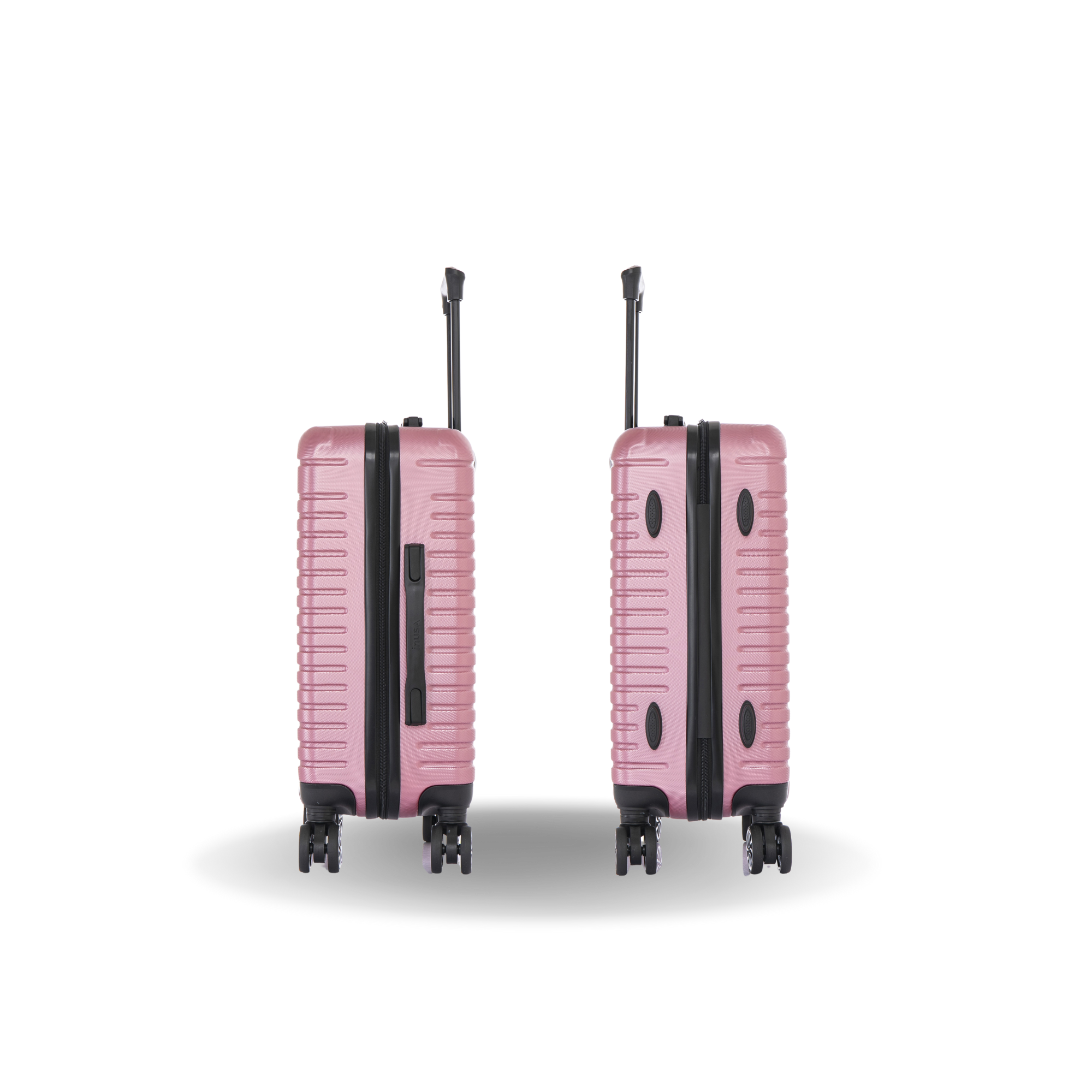 Two pink suitcases with black wheels on a white background