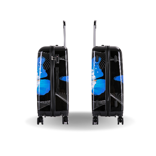 Black suitcase with blue butterfly design on a white background