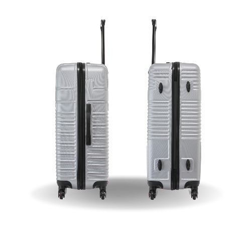 Two gray suitcases with black handles and wheels on a white background