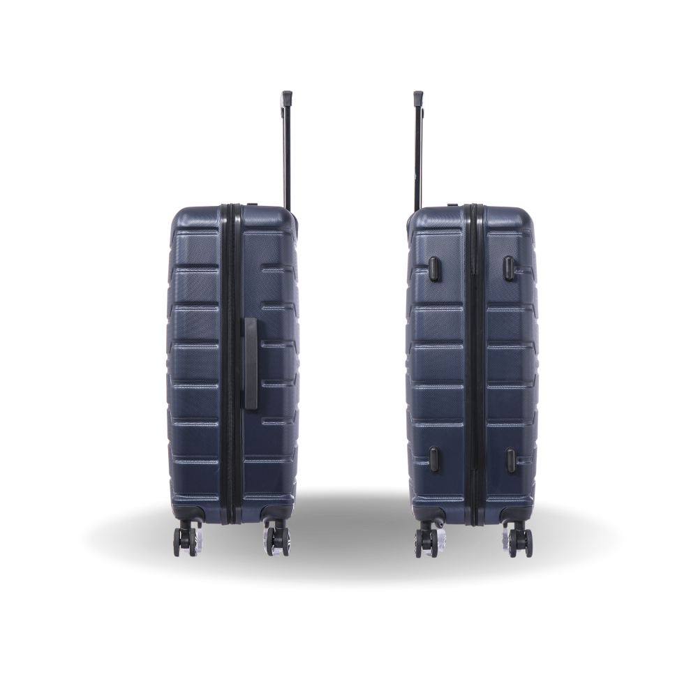 Two navy blue suitcases with wheels and handles on a white background