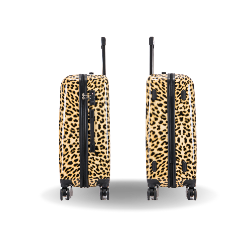 Two leopard print suitcases with black accents on a white background