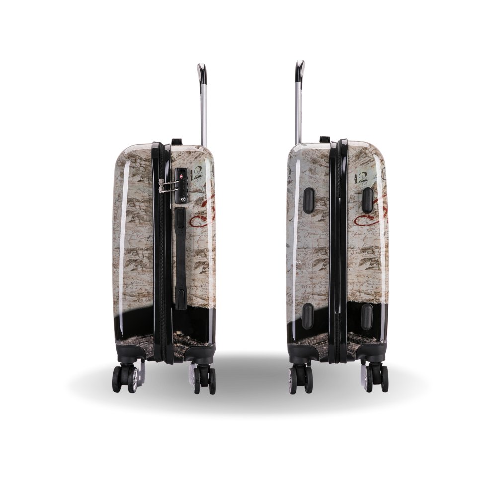 Two suitcases with a map design on a white background