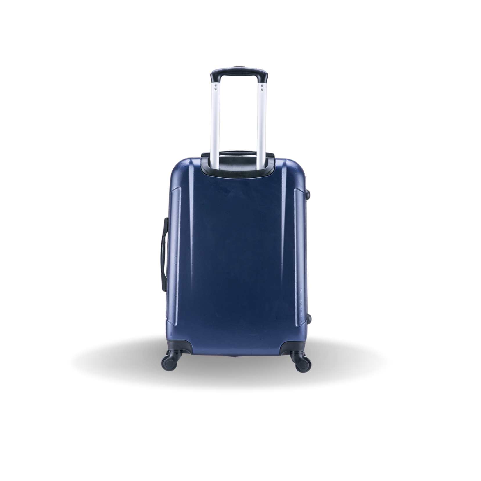 Blue suitcase with a clear handle on a white background