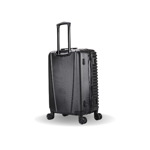 Black suitcase with wheels on a white background