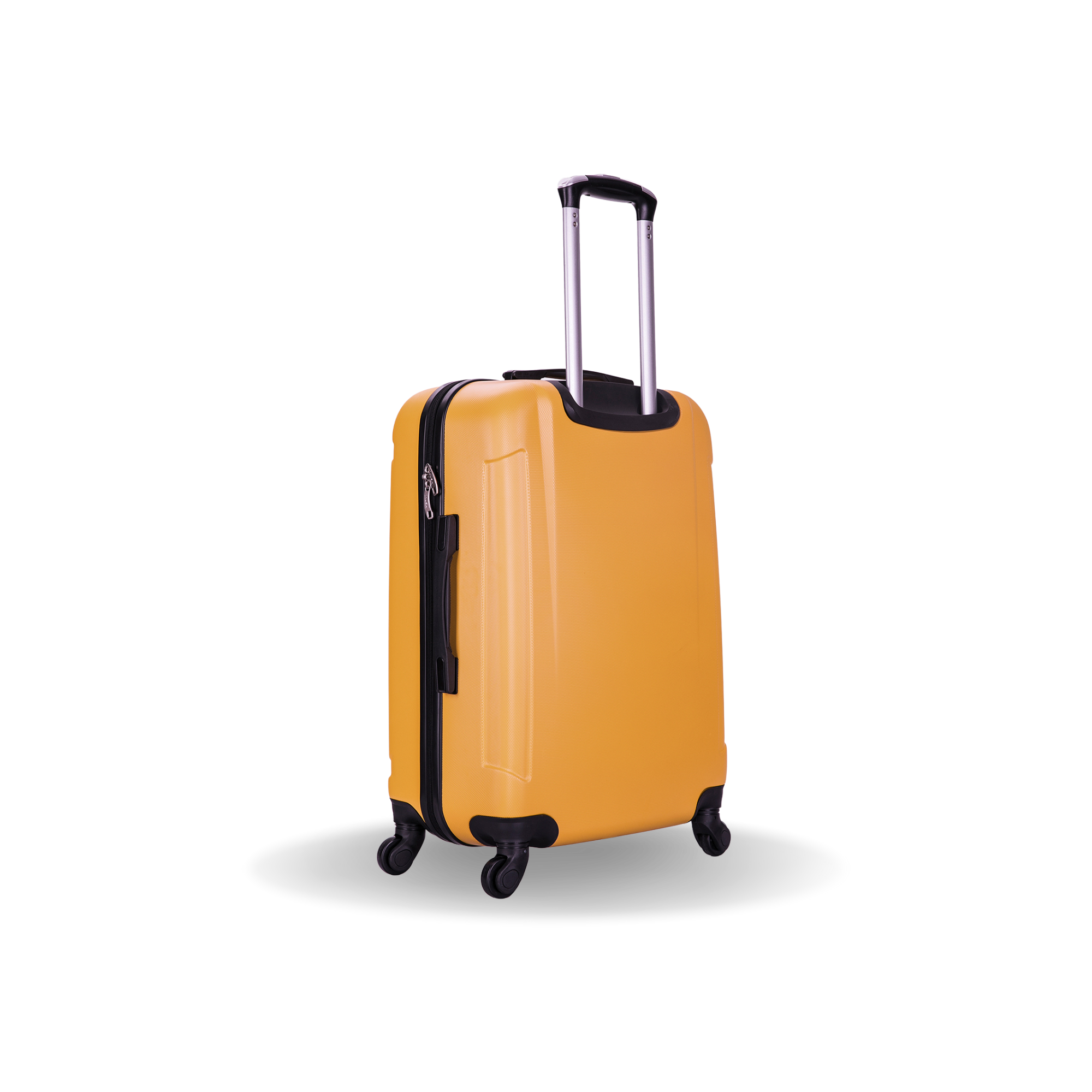 Yellow suitcase with a black handle and wheels on a white background