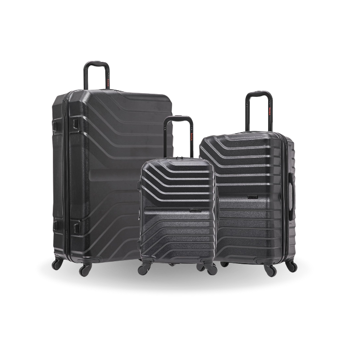 Set of three black suitcases of different sizes on a white background