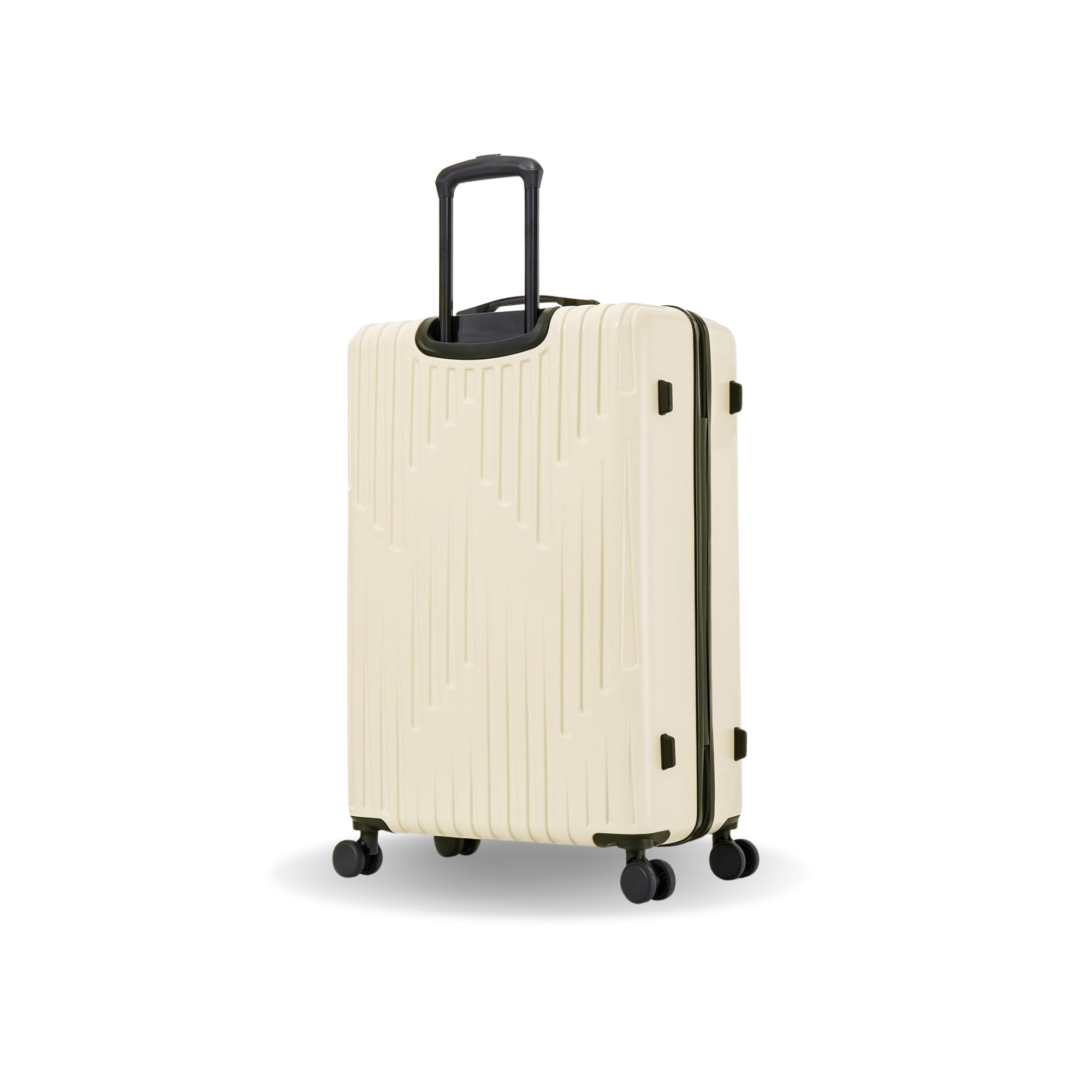 Beige suitcase with black handle and wheels on a white background