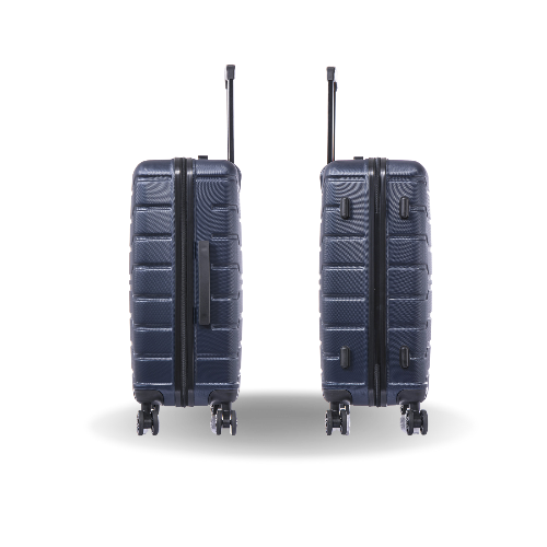 Two navy blue suitcases with wheels and handles on a white background