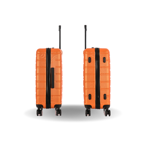 Two orange suitcases with black handles and wheels on a white background