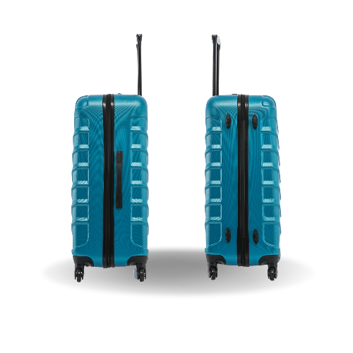 Two blue suitcases with textured surface and wheels on a white background