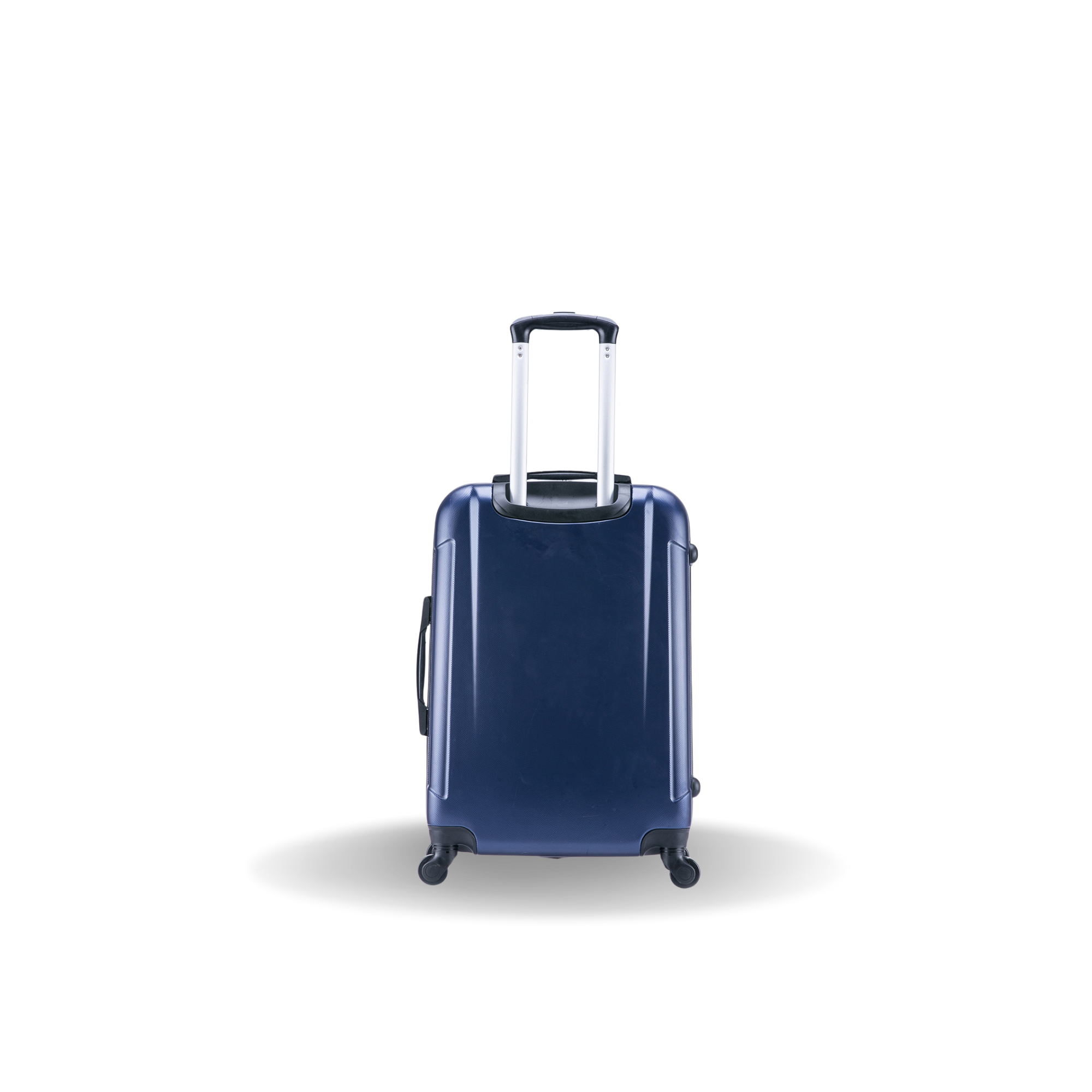 Blue suitcase with a clear handle on a white background