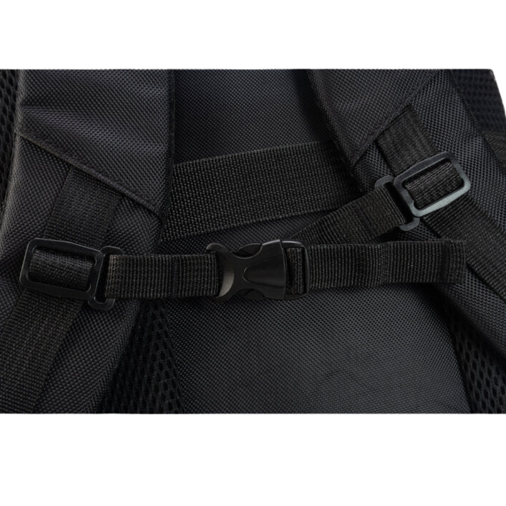 Close-up of black backpack straps with buckles on a white background