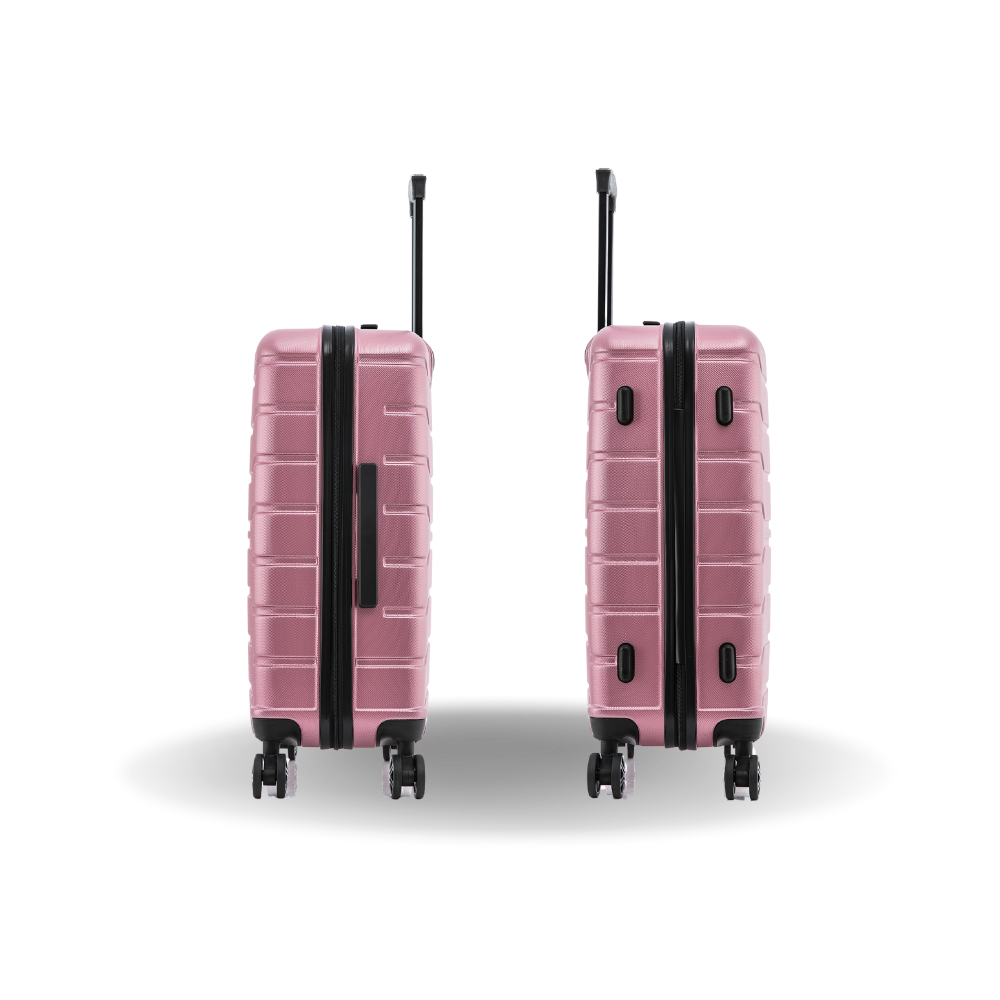 Two pink suitcases with black handles and wheels on a white background
