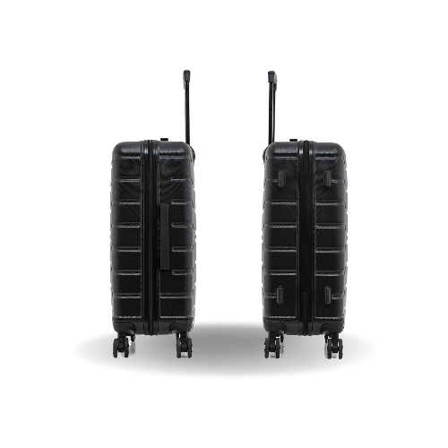 Two black suitcases with wheels on a white background