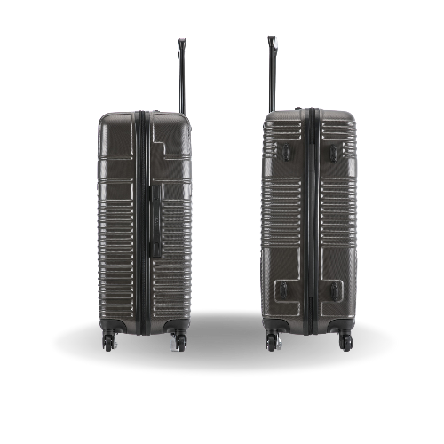 Two black suitcases with wheels on a white background