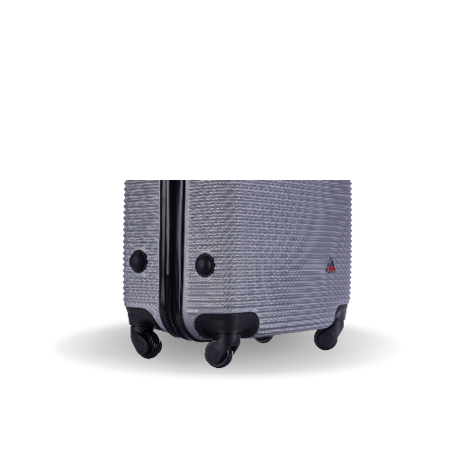 Gray suitcase with black wheels on a white background