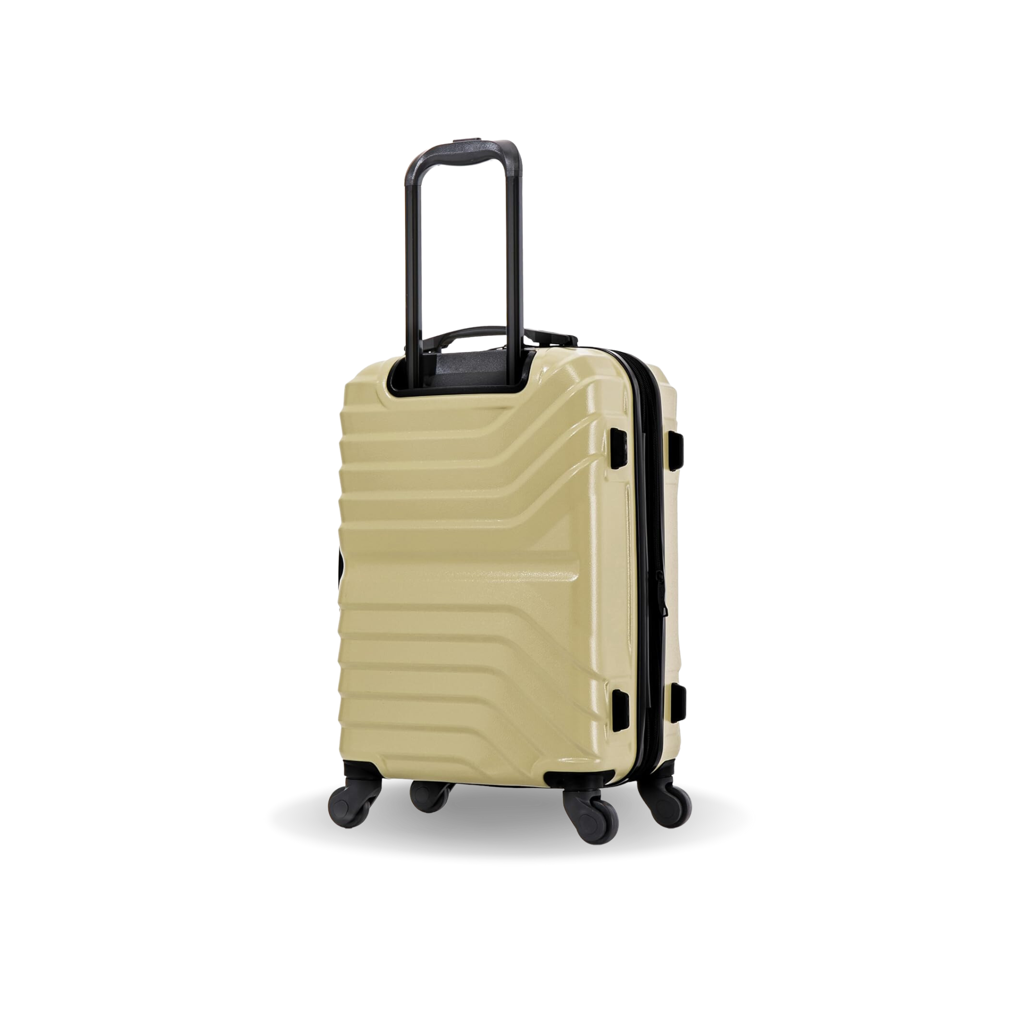 Beige suitcase with black handle and wheels on a white background