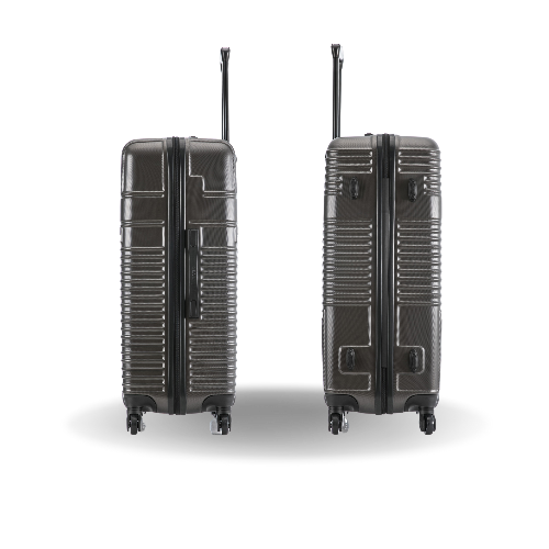 Two black suitcases with wheels on a white background