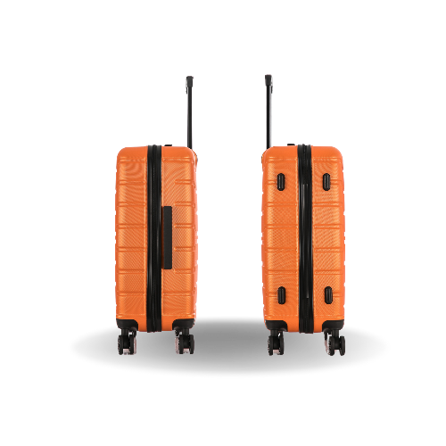 Two orange suitcases with black handles and wheels on a white background