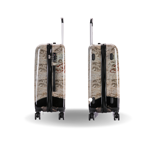 Two suitcases with map design on a white background