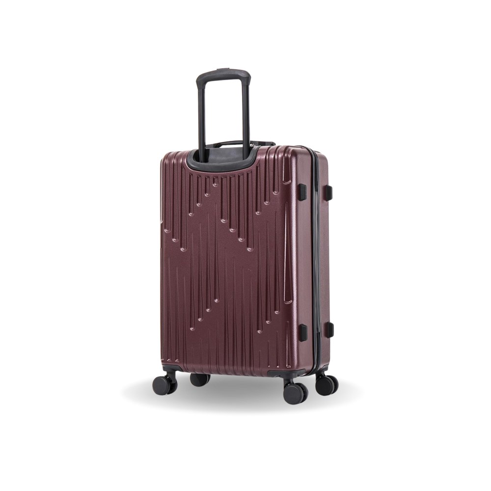 Maroon suitcase with a black handle on a white background