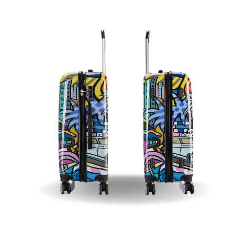Two colorful suitcases with a vibrant pattern on a white background