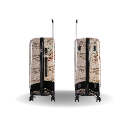Two suitcases with a map design on a white background