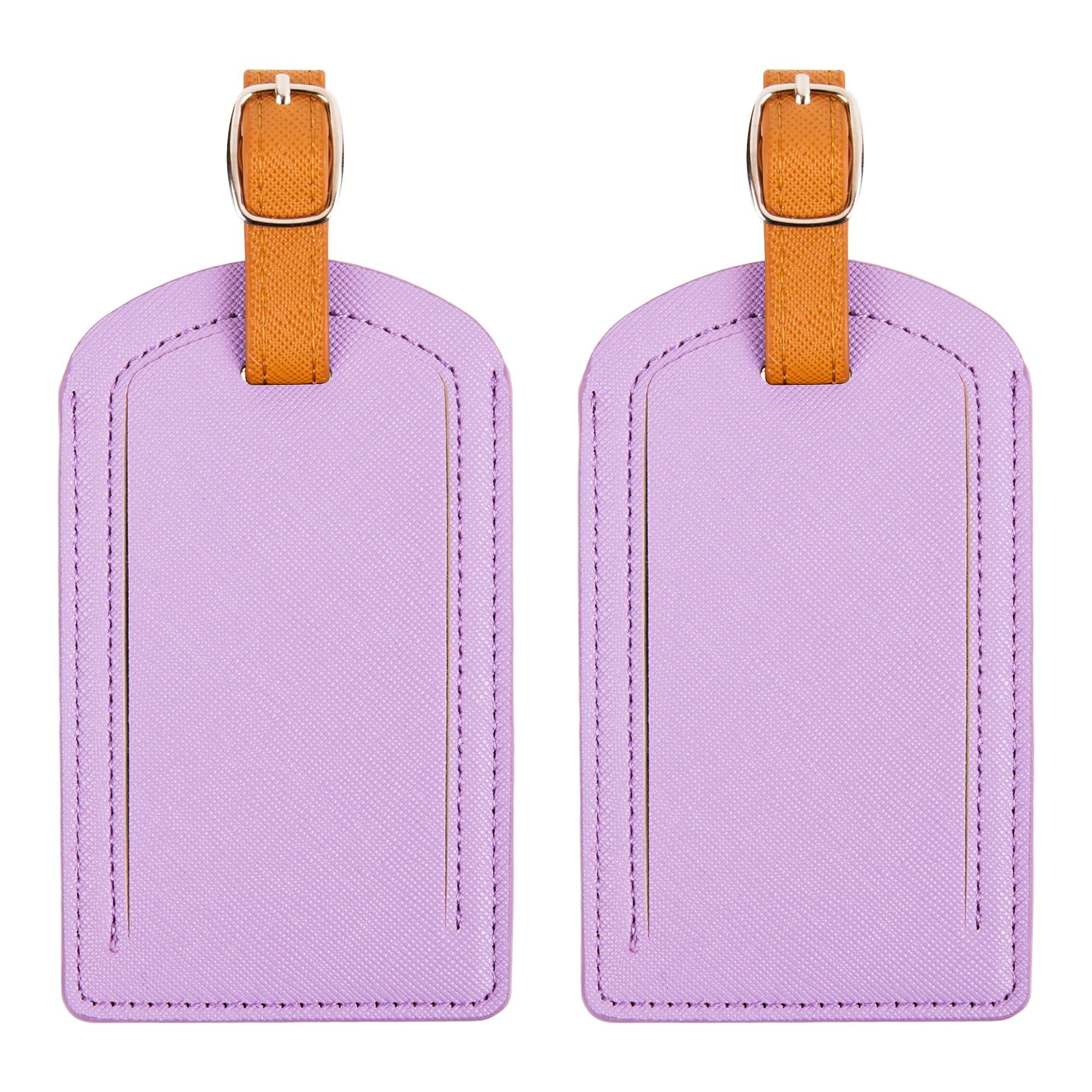 Two purple luggage tags with orange straps on a white background