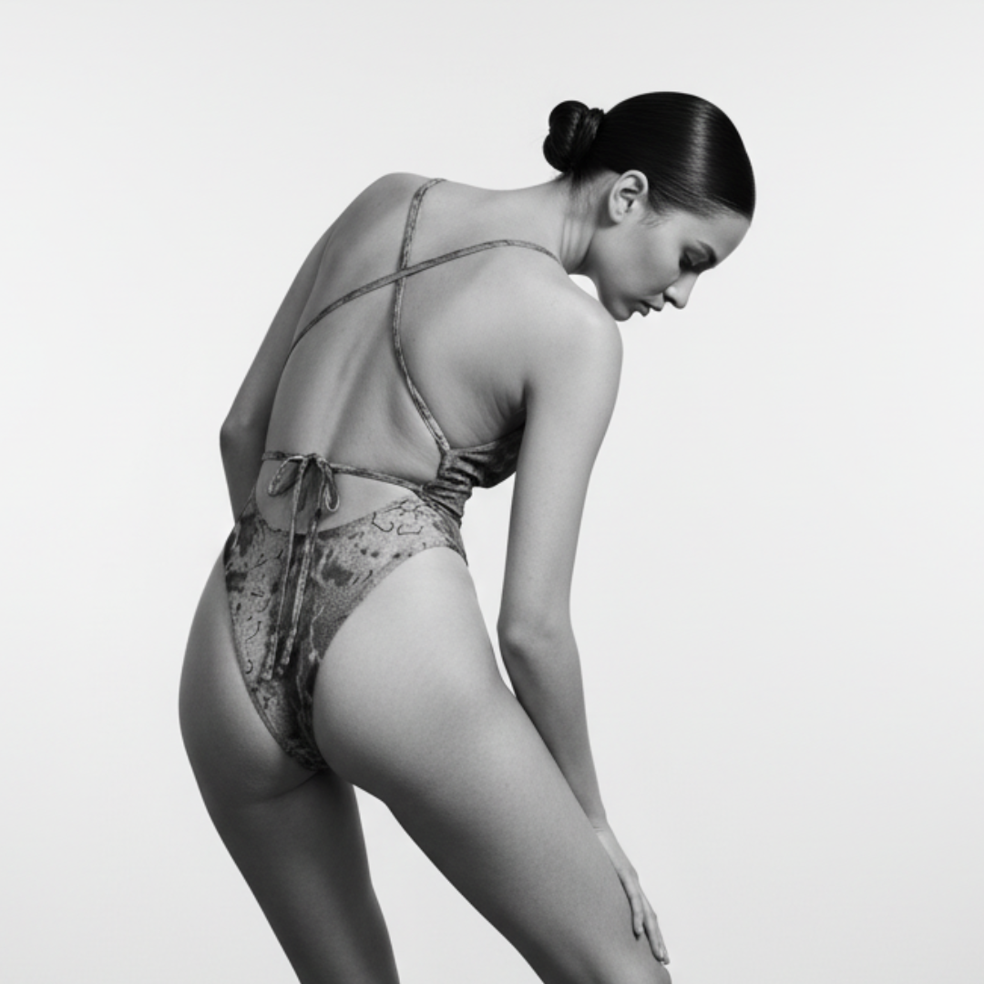 Black and white image of a woman wearing a patterned lingerie set on a plain background