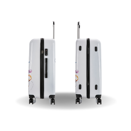 Two white suitcases with floral designs on a white background