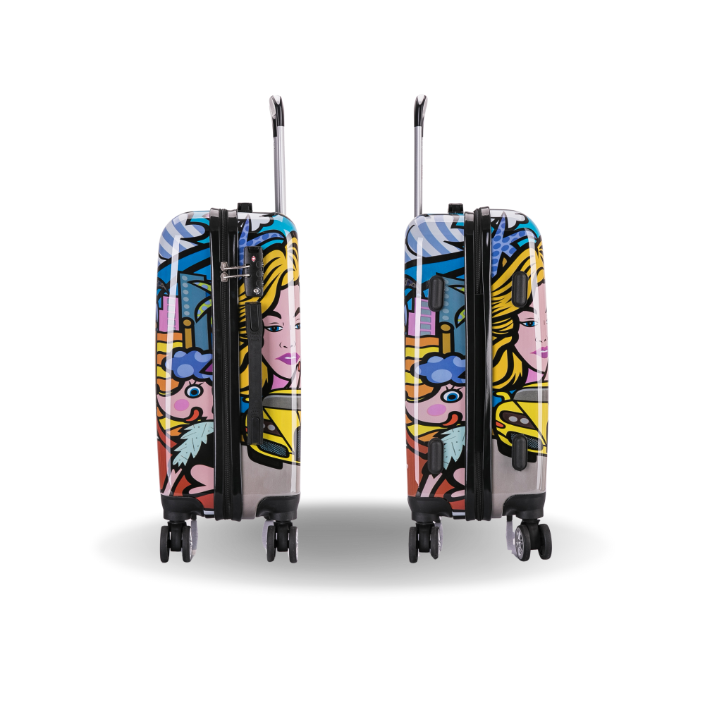 Two colorful suitcases with a cartoon character design on a white background