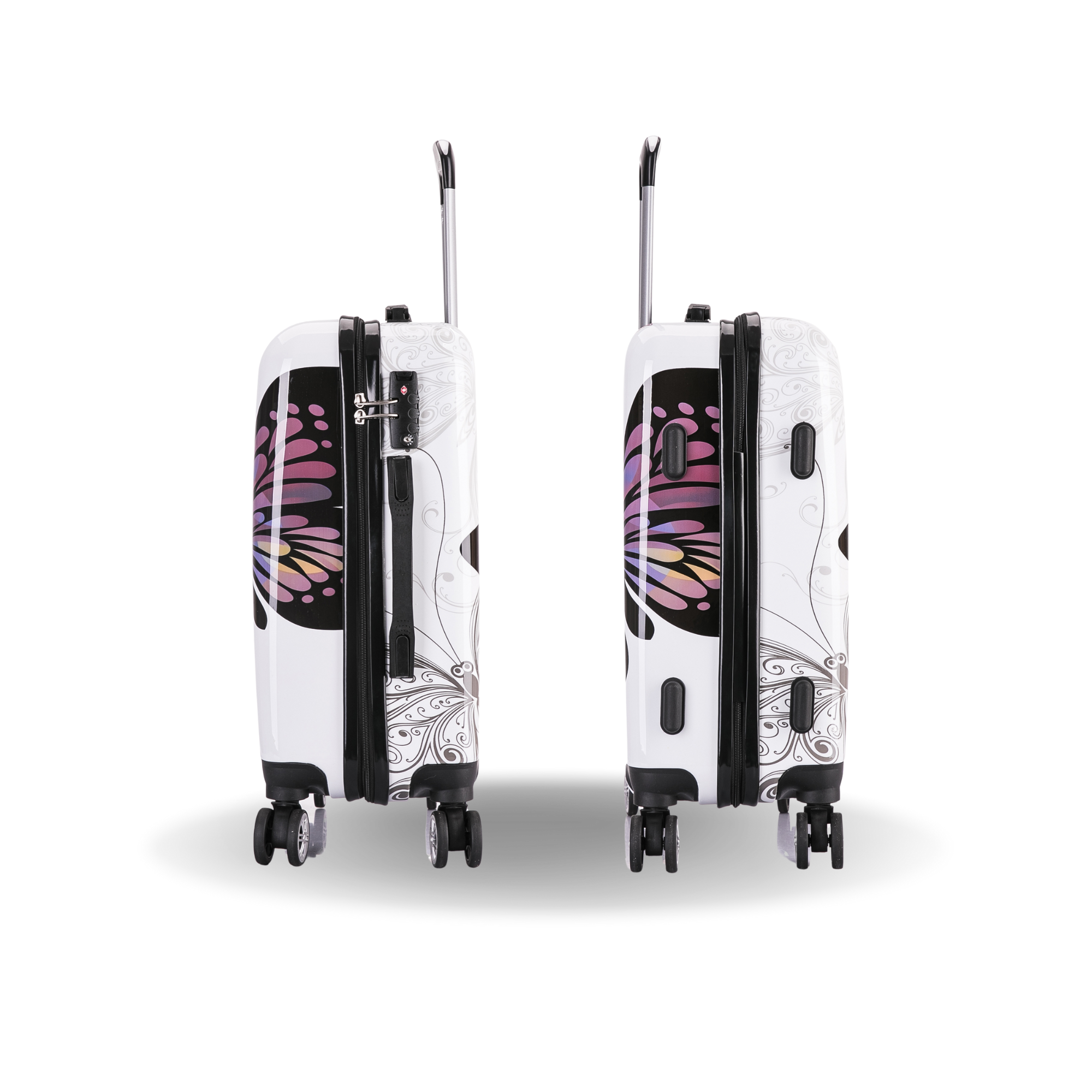 Two suitcases with butterfly design on a white background