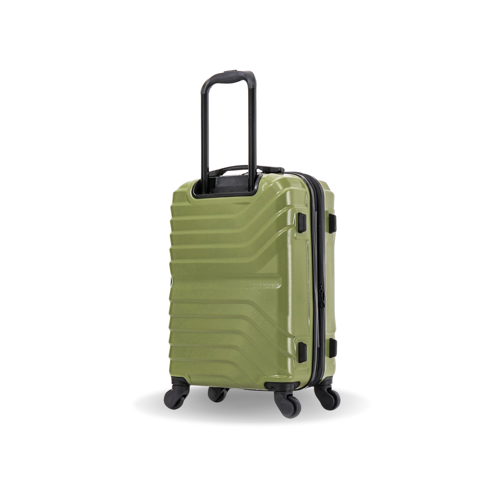 Green suitcase with a black handle on a white background