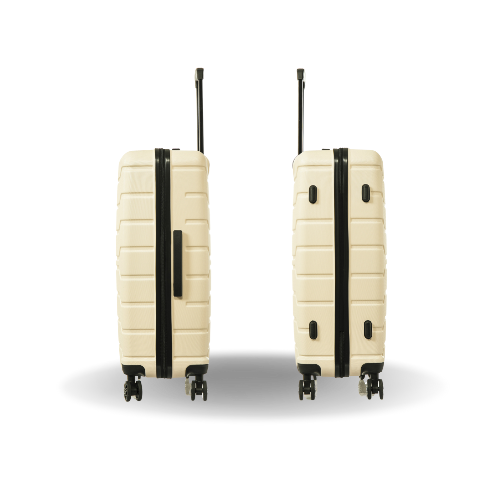 Two beige suitcases with black handles and wheels on a white background