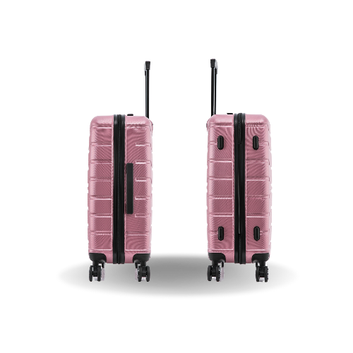 Two pink suitcases with black handles and wheels on a white background