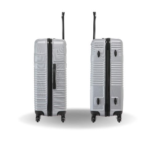 Two gray suitcases with black handles and wheels on a white background