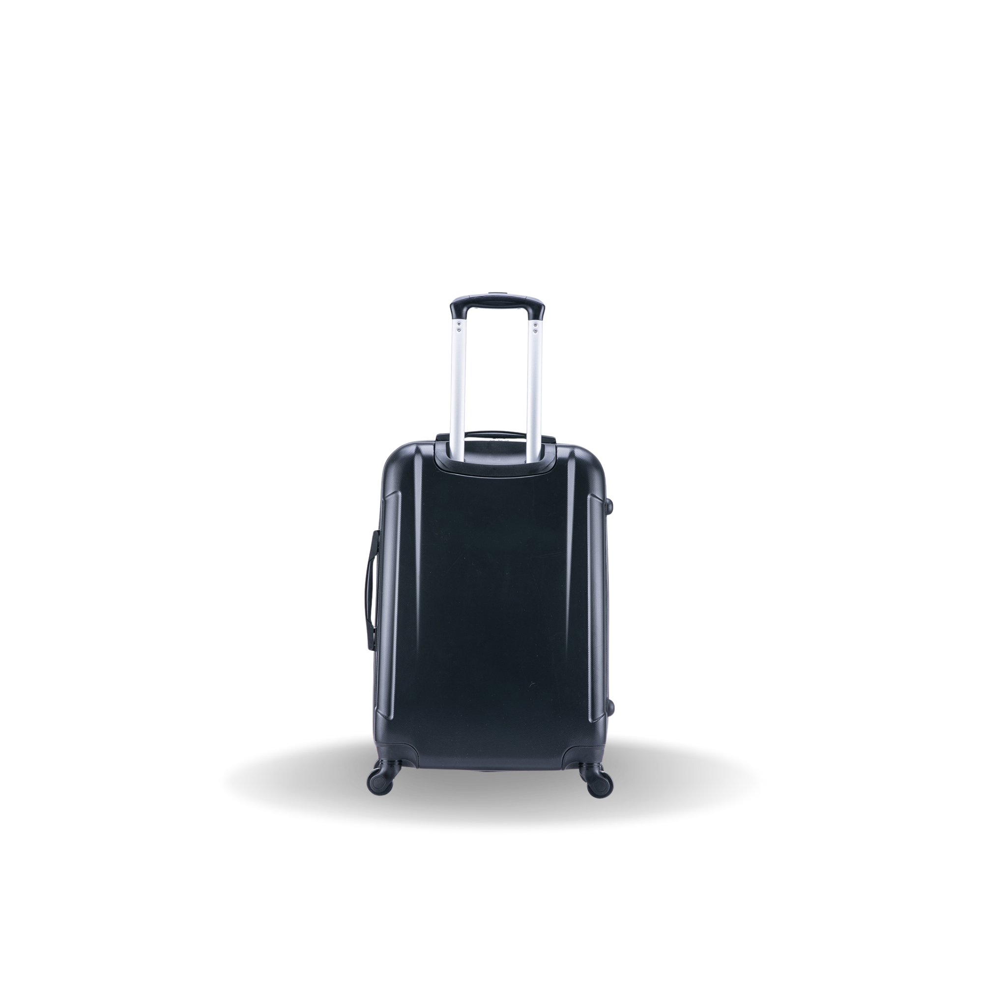 Black suitcase with wheels on a white background