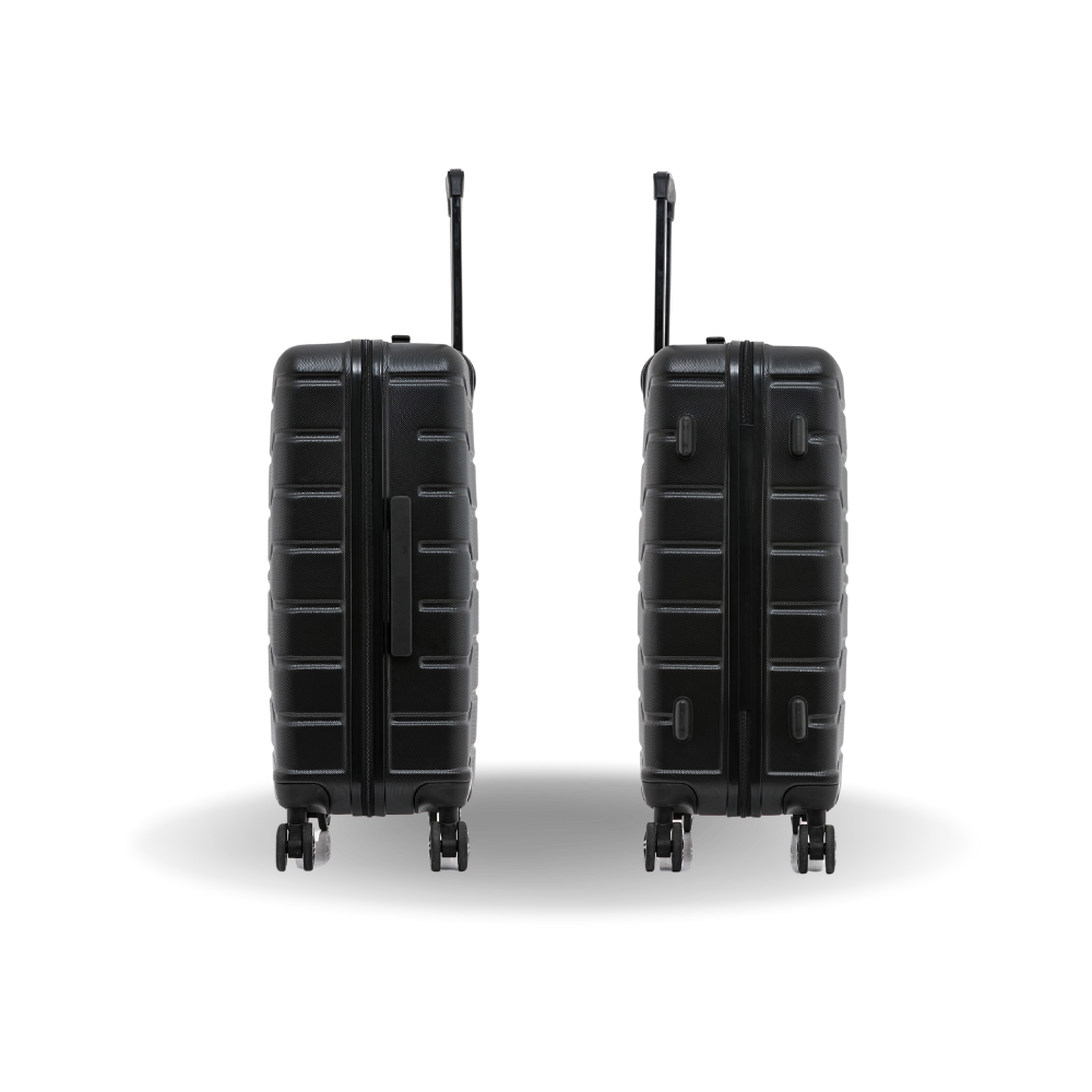 Black suitcase shown from front and side on a white background