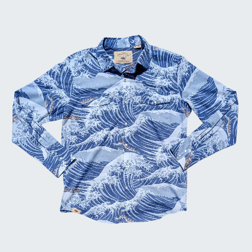 Blue wave patterned shirt on a white background