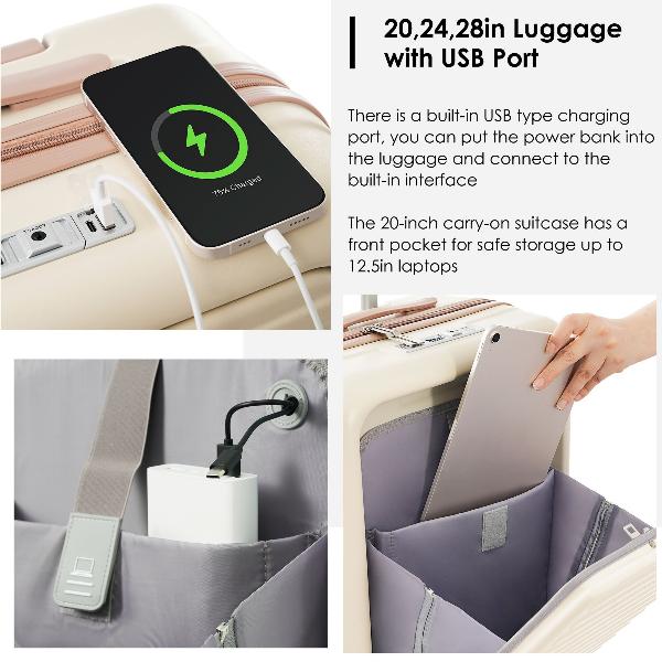 Luggage Set of 3, 20, 24, 28inch with USB Port, 20, 24inch with front opening