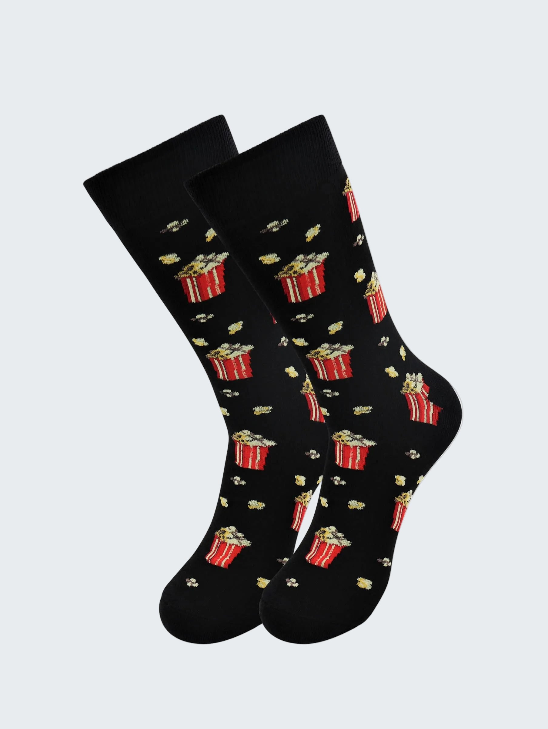Black socks with red gift box pattern on a white background