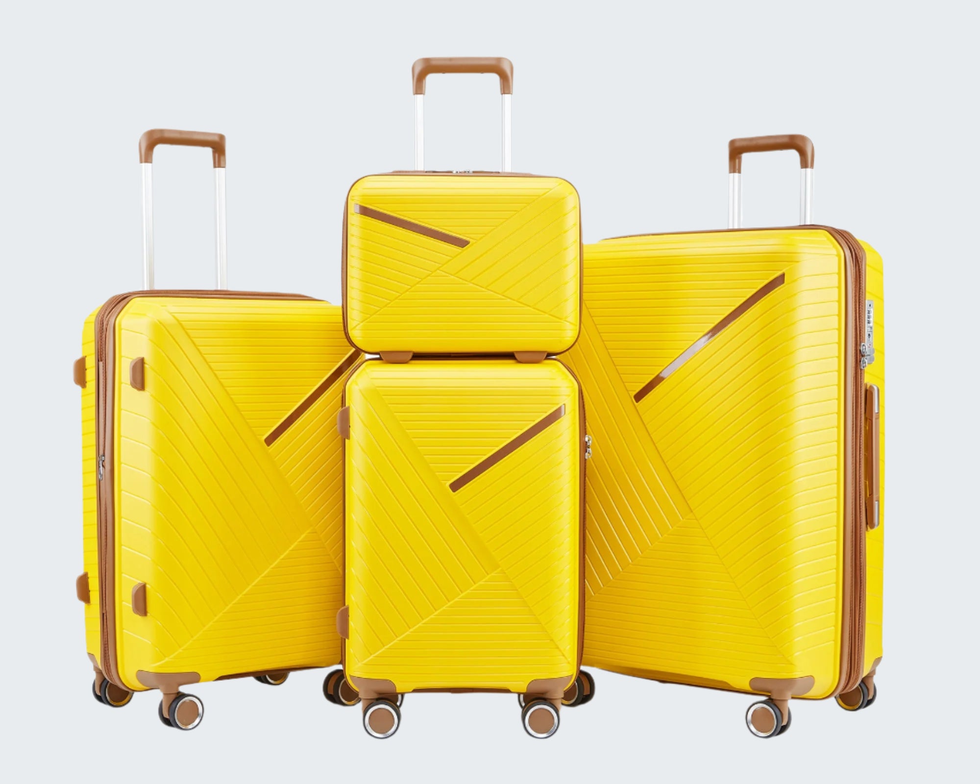 A set of four yellow polypropylene suitcases with 360-degree mute spinner wheels and TSA locks.