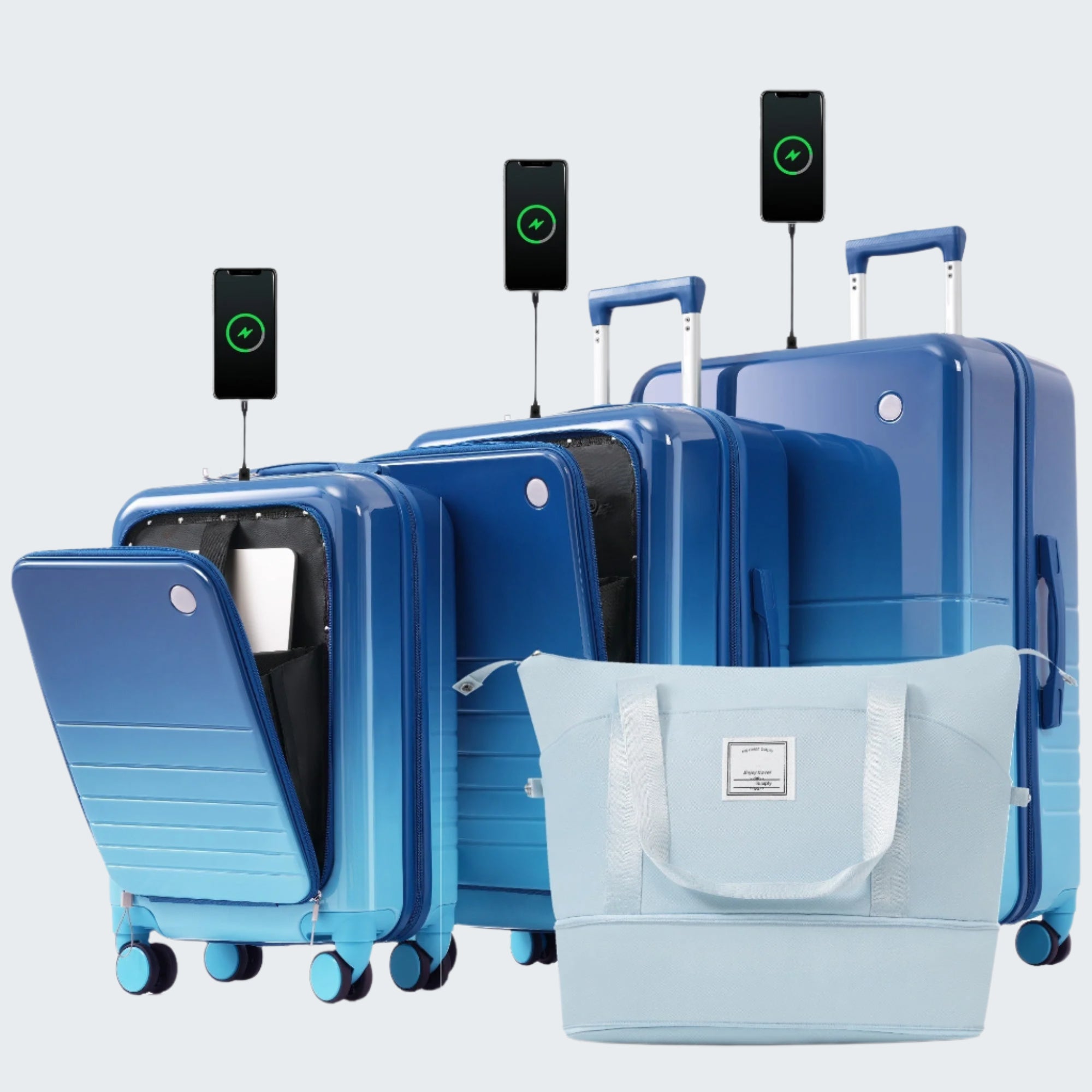 Blue Set of Four with USB Port with Open Front and Travel Bag