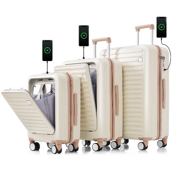 Luggage Set of 3, 20, 24, 28inch with USB Port, 20, 24inch with front opening