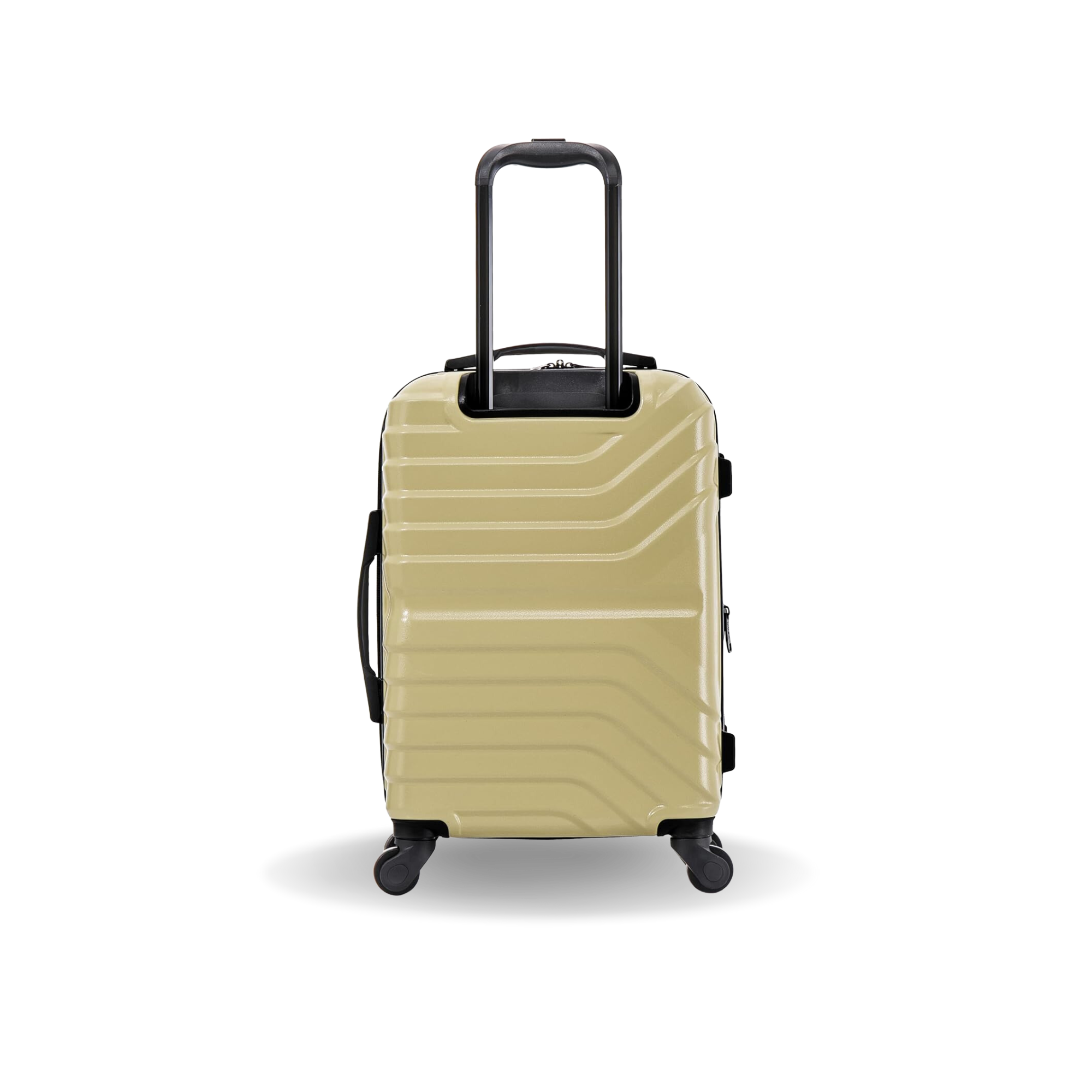 Beige suitcase with a black handle on a white background